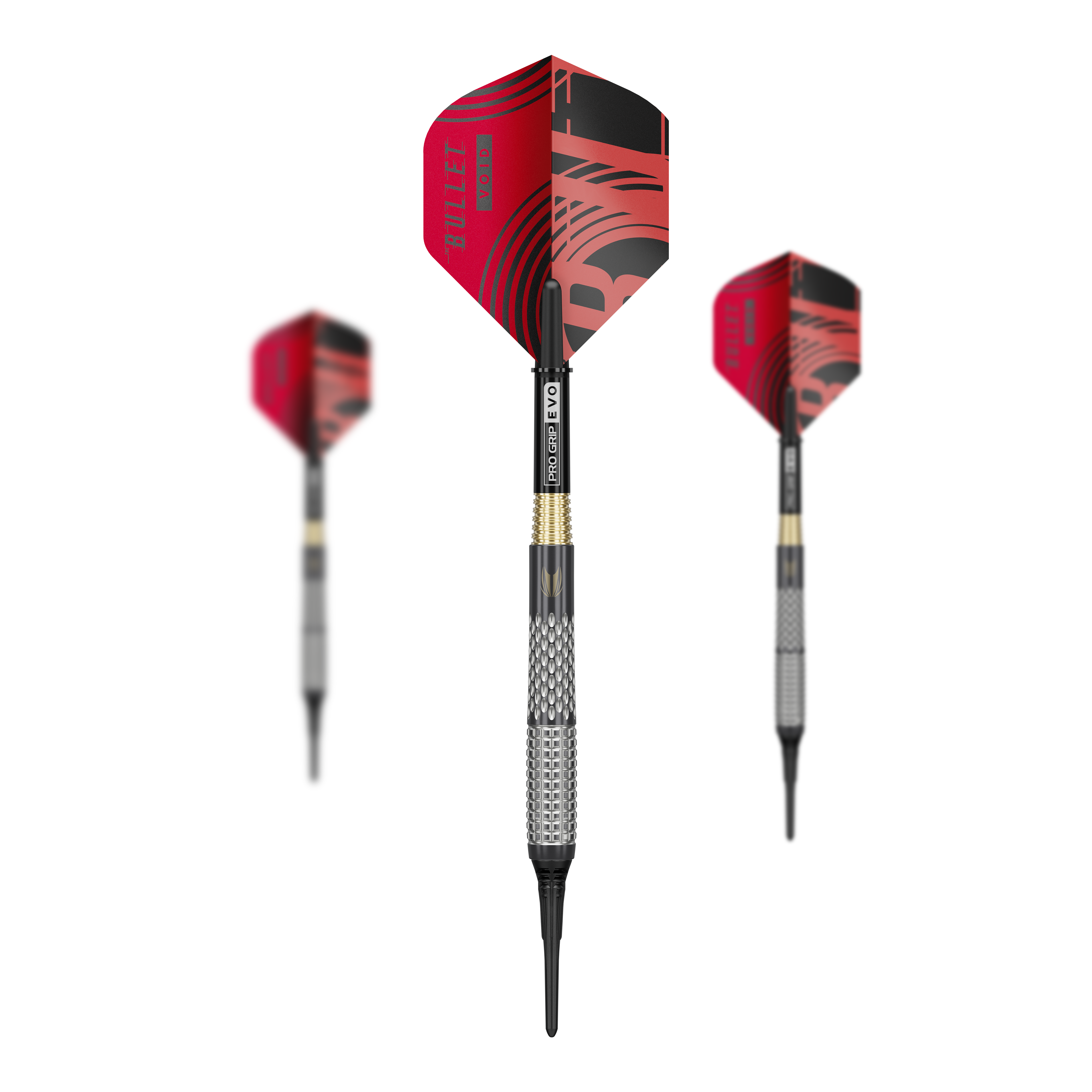Ein Set Target Stephen Bunting GEN5 Void Softdarts - 18g ist abgebildet. Auf dem Bild sieht man alle Bestandteile des Dartsets.